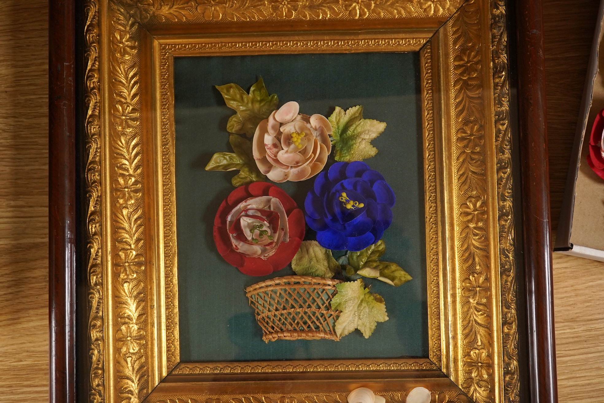 Two Victorian appliqué work floral pictures, in gilt and wood frames, one disassembled, overall 38 x 33cm
